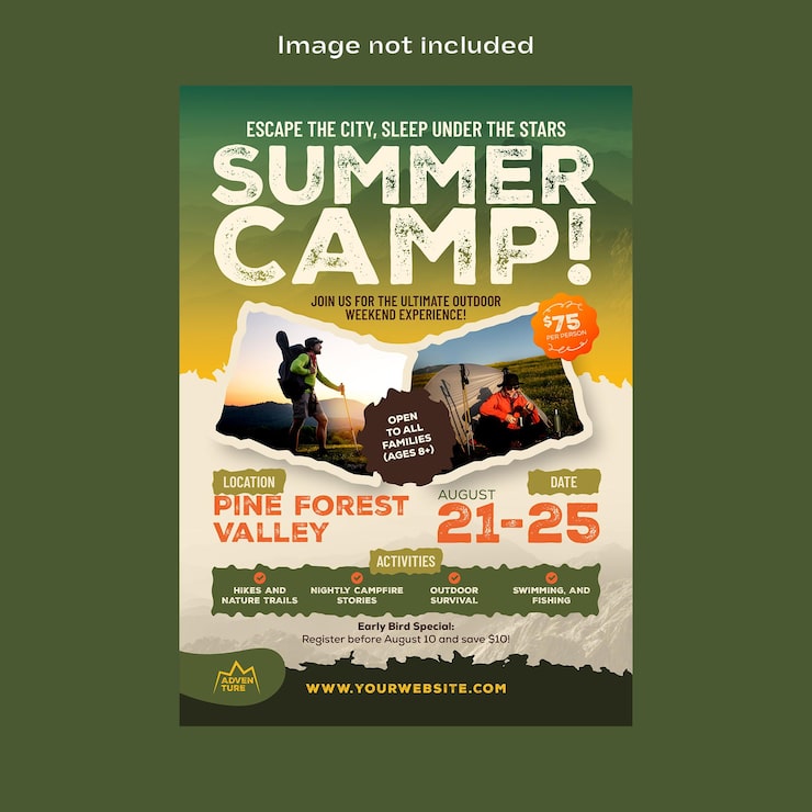PSD plantilla de folleto para evento de fin de semana de campamento de verano