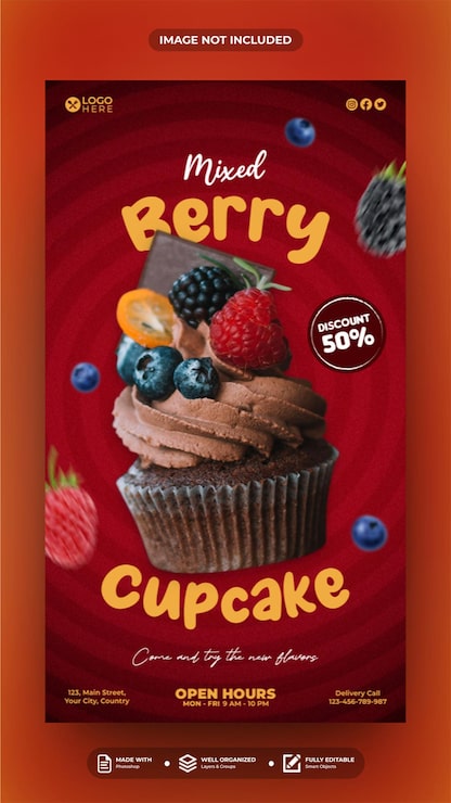 PSD plantilla de historia de publicación de redes sociales de cupcake de bayas mixtas