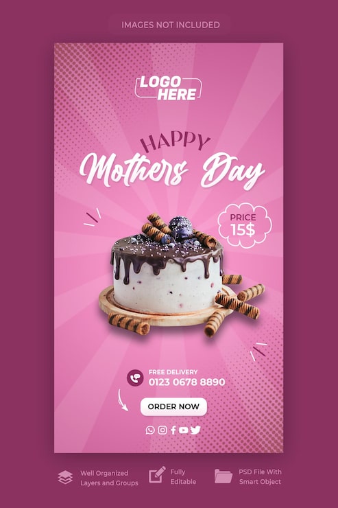 PSD plantilla de historias de redes sociales del día de la madre para pastel de menú de comida de restaurante