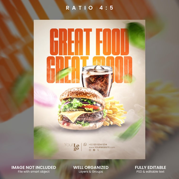 PSD póster promocional de deliciosa hamburguesa y patatas fritas
