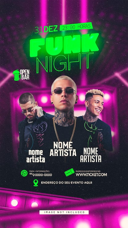 PSD póster vibrante de fiesta nocturna de funk con artistas e iluminación de neón