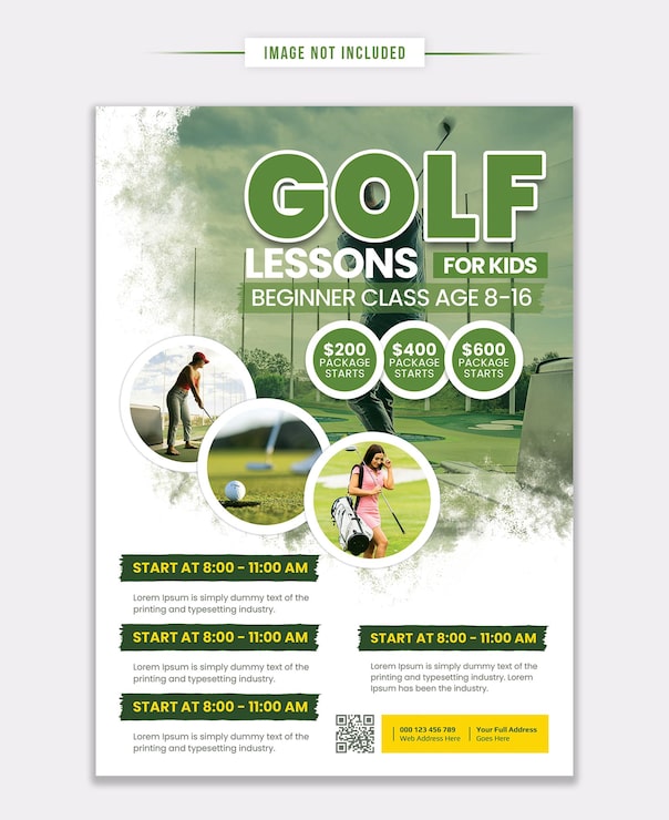 PSD volante de alta calidad de tamaño a4 para la promoción de lecciones de golf para niños