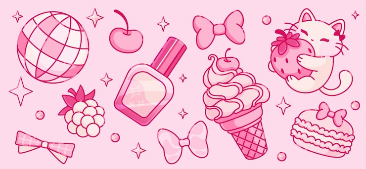 Vector gratuito conjunto de pegatinas coquette y2k con elementos femeninos rosados