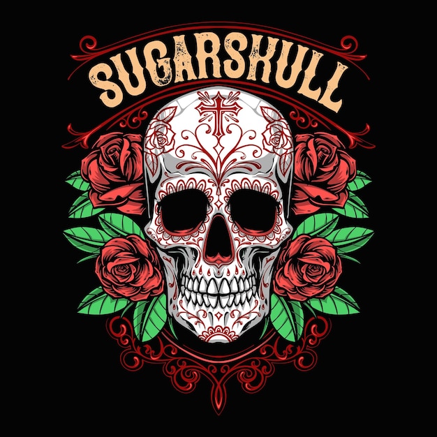 Vector gratuito cráneo de azúcar con rosas rojas para el diseño de la camiseta