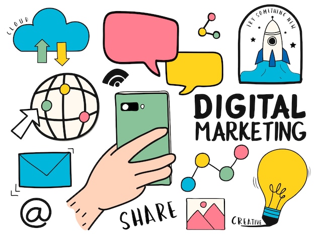 Vector gratuito dibujado a mano conjunto de ilustración de símbolos de marketing digital