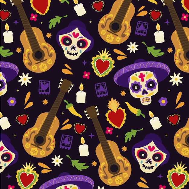Vector gratuito dibujado a mano diseño plano dia de muertos patrón