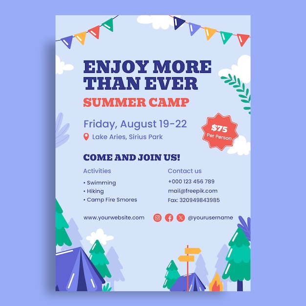 Vector gratuito diseño de plantillas de carteles para campamentos de verano