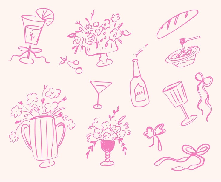 Vector gratuito elegantes arreglos florales y elementos de la fiesta esbozo