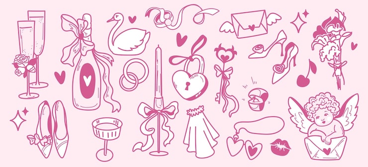 Vector gratuito iconos de garabatos de boda caprichosos: novia, velo, anillos
