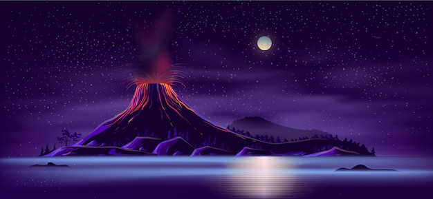 Vector gratuito isla desierta con dibujos animados de volcán activo.