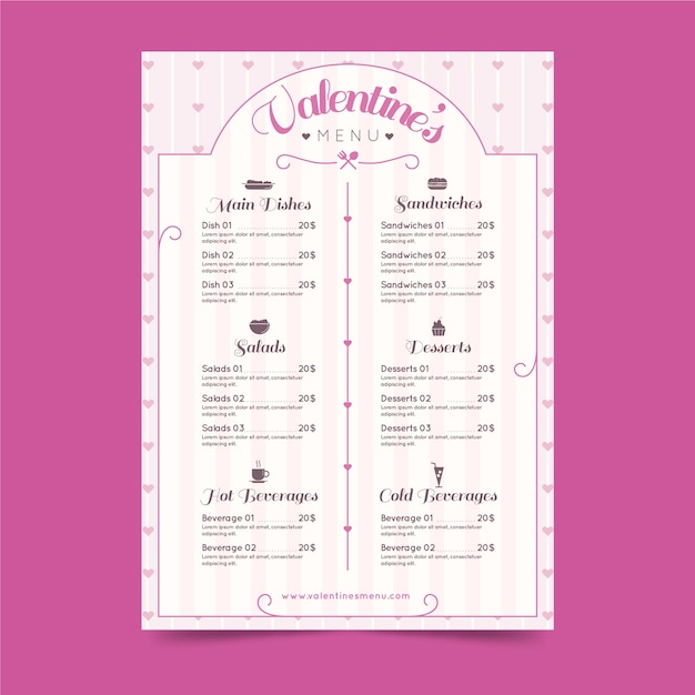 Vector gratuito menú plano san valentín