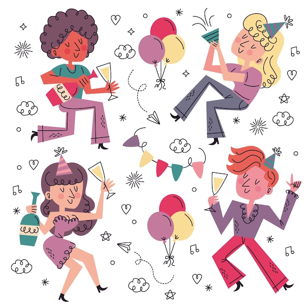 Vector gratuito pegatinas de año nuevo dibujadas a mano