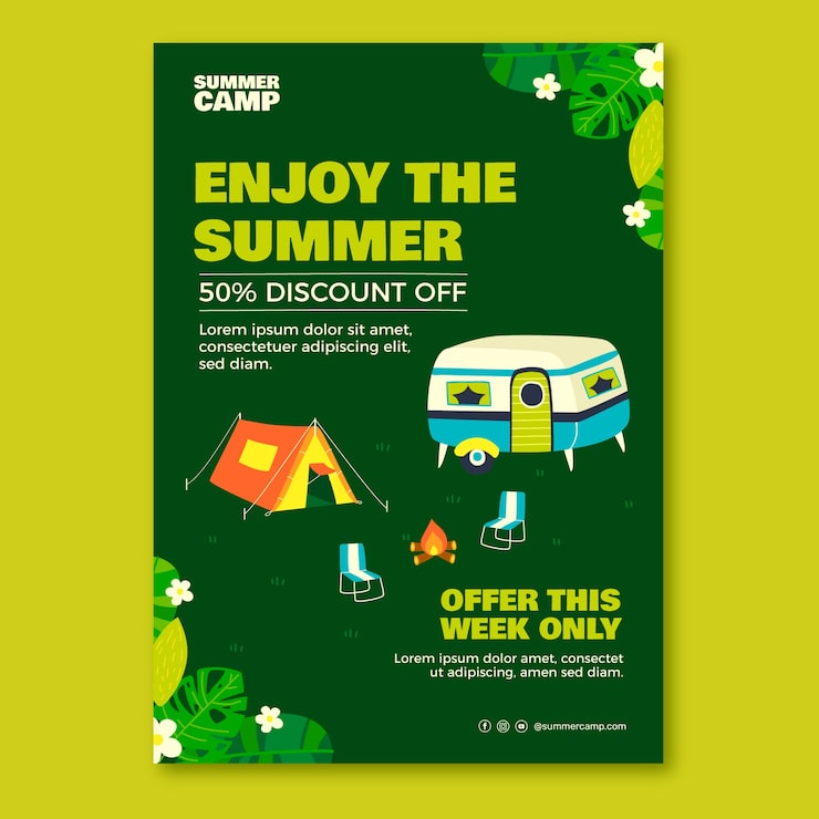 Vector gratuito plantilla de cartel de campamento de verano dibujado a mano