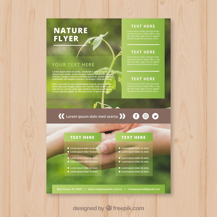 Vector gratuito plantilla elegante de folleto de naturaleza con foto