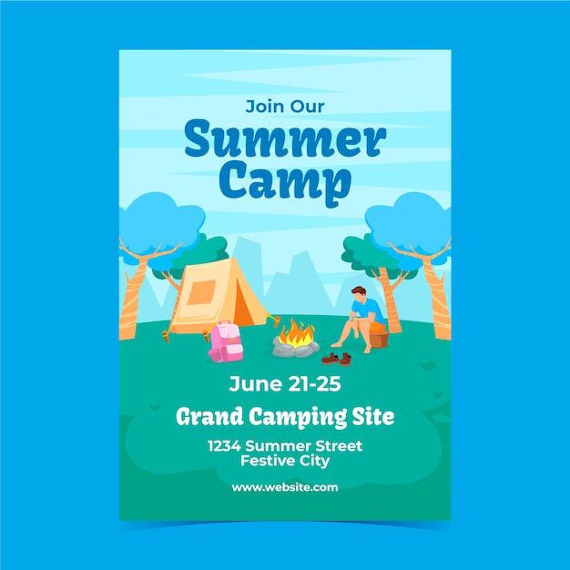 Vector gratuito plantilla plana de póster de campamento de verano para la temporada de verano