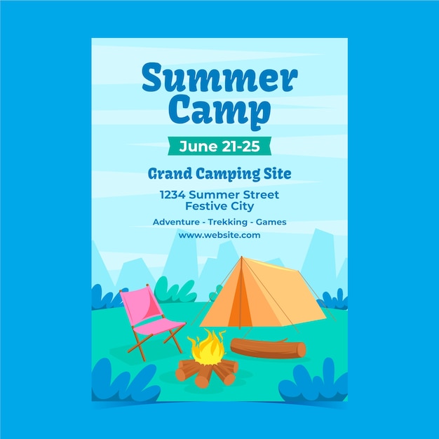 Vector gratuito plantilla plana de póster de campamento de verano para la temporada de verano
