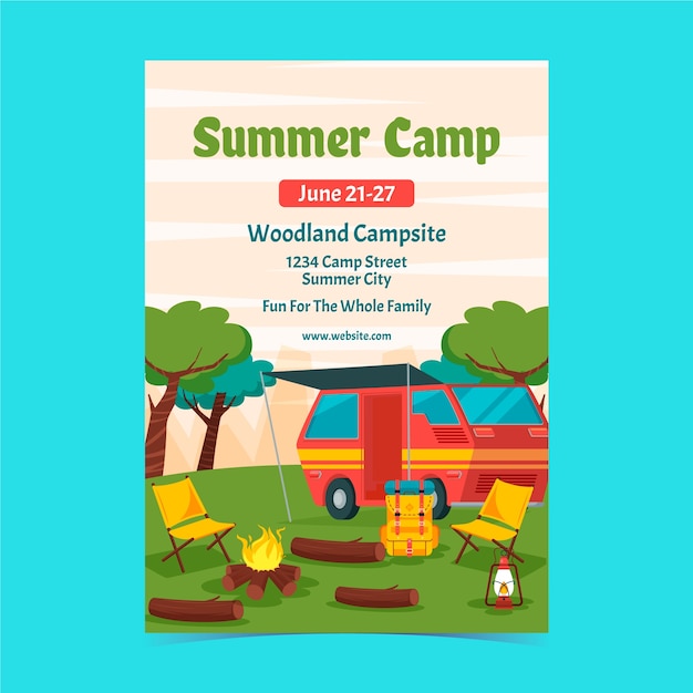 Vector gratuito plantilla plana de póster de campamento de verano para la temporada de verano