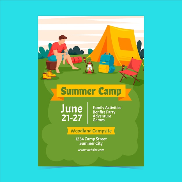 Vector gratuito plantilla plana de póster de campamento de verano para la temporada de verano