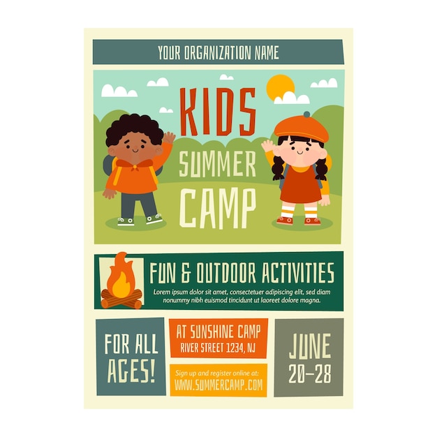 Vector gratuito plantilla plana de póster de camping de verano