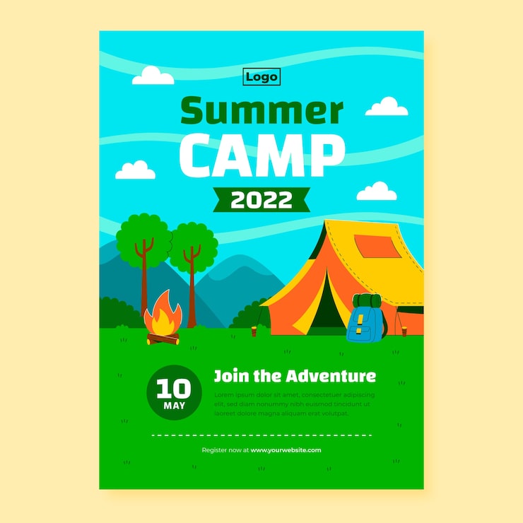 Vector gratuito plantilla plana de póster de camping de verano