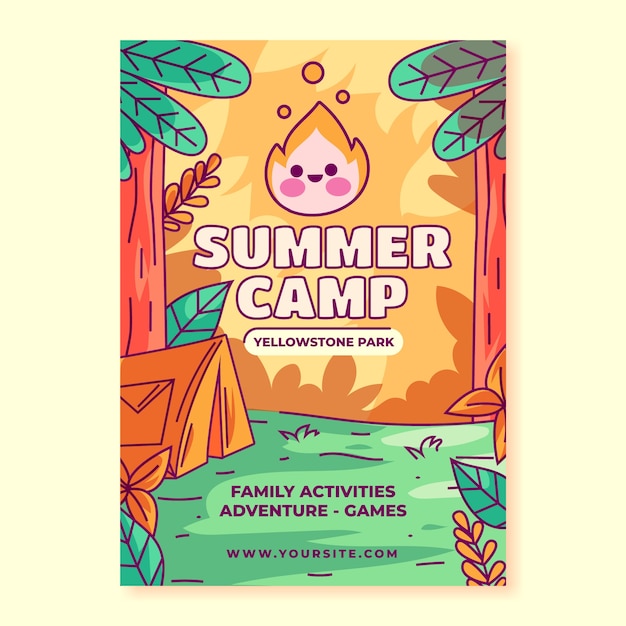 Vector gratuito plantilla de póster de campamento dibujado a mano para la temporada de verano