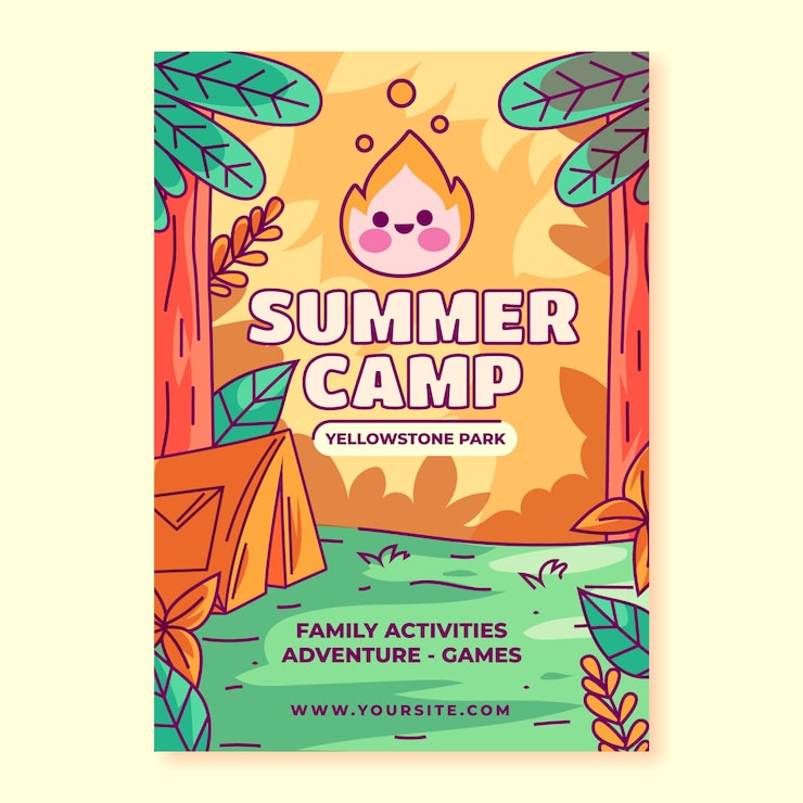 Vector gratuito plantilla de póster de campamento dibujado a mano para la temporada de verano