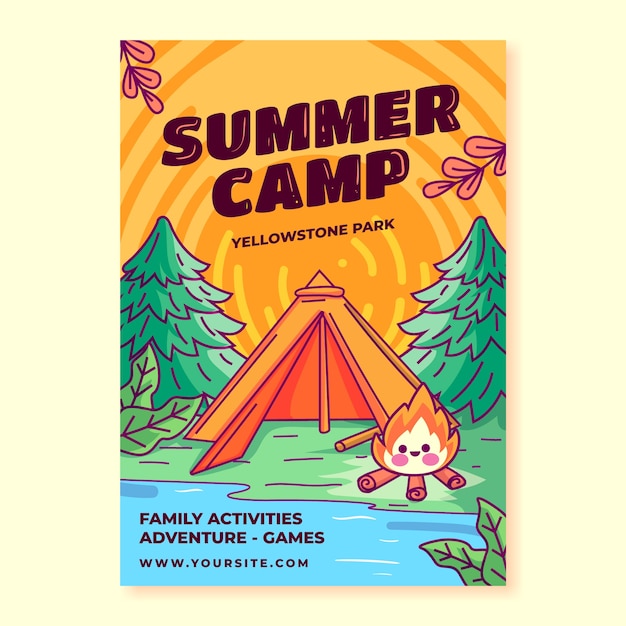 Vector gratuito plantilla de póster de campamento dibujado a mano para la temporada de verano
