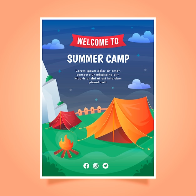 Vector gratuito plantilla de póster de campamento de verano degradado