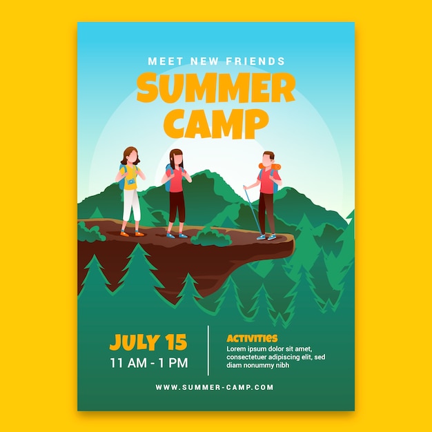 Vector gratuito plantilla de póster de campamento de verano degradado