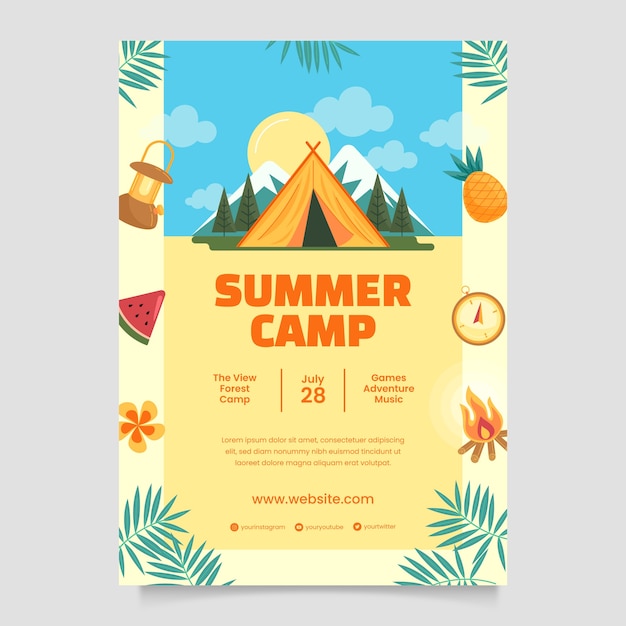 Vector gratuito plantilla de póster vertical plana para campamento de verano