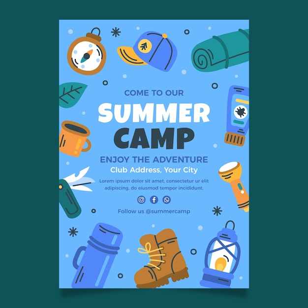 Vector gratuito plantilla de póster vertical plano para aventura de campamento