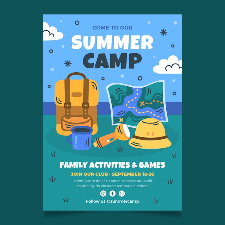 Vector gratuito plantilla de póster vertical plano para aventura de campamento