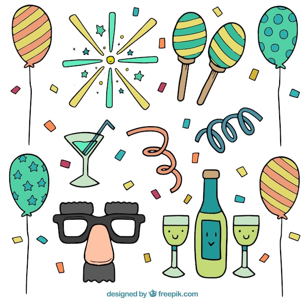 Vector gratuito set de elementos de fiesta y carnaval dibujados a mano