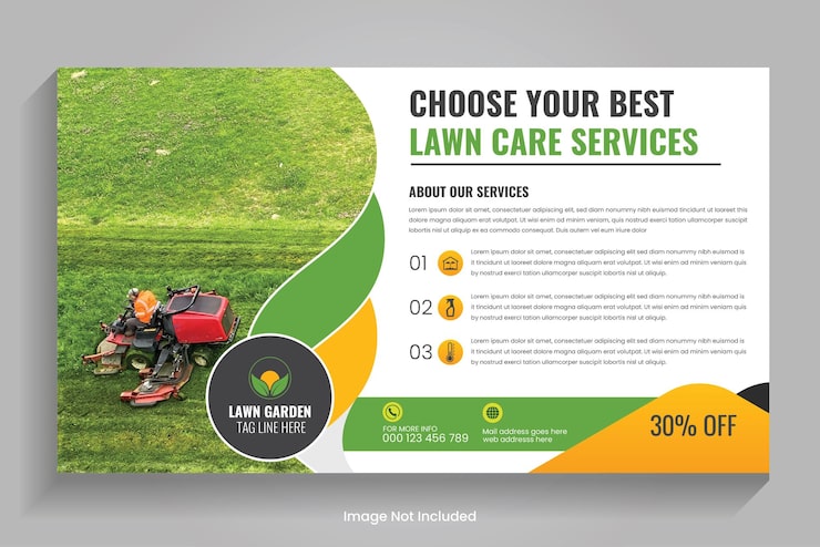 Vector banner web de servicios agrícolas y agrícolas o publicación en las redes sociales de jardinería de césped banner web del servicio de cuidado del césped