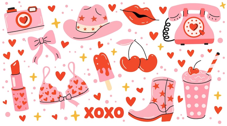 Vector conjunto de pegatinas retro de garabatos en rosa y rojo para el día de san valentín, con elementos estéticos románticos y coquetos