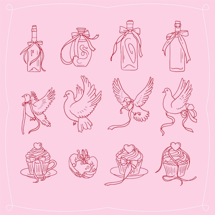 Vector el día de san valentín es una colección de cliparts lineales rosas para chicas coquetas.