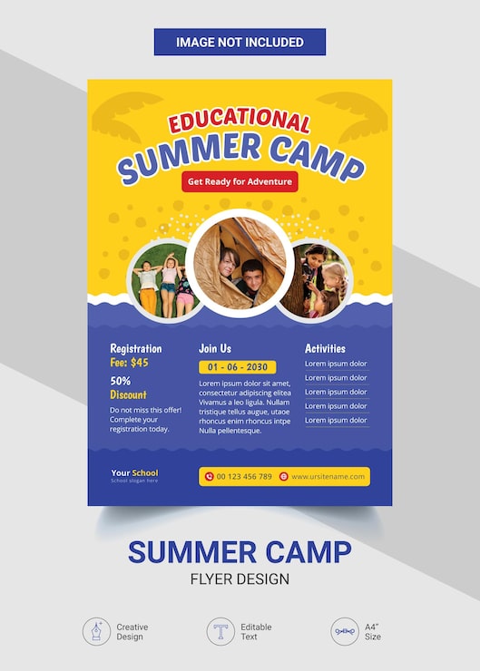 Vector flyer de campamento de verano creativo y profesional para niños