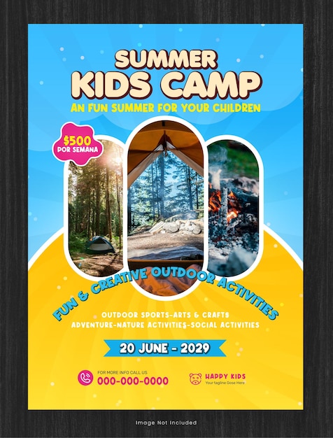 Vector folleto de campamento de verano para niños con actividades al aire libre y temas divertidos
