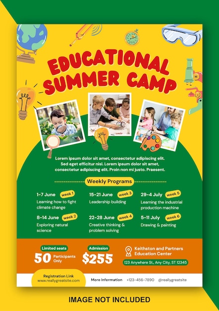 Vector folleto colorido del campamento de verano para niños