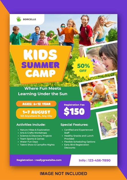 Vector folleto colorido del campamento de verano para niños