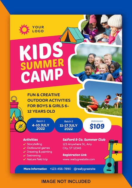 Vector folleto colorido del campamento de verano para niños