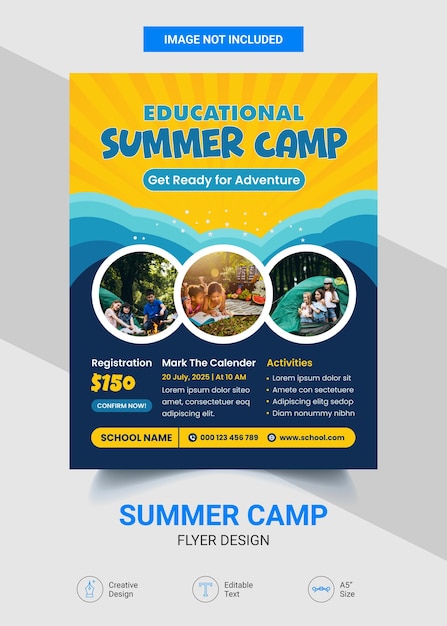 Vector folleto educativo de campamento de verano para la aventura y la diversión