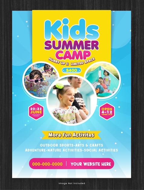 Vector folleto promocional de campamento de verano para niños con juegos al aire libre