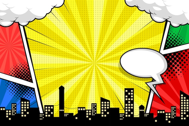Vector fondo de escena cómica colorida con vector de silueta de ciudad