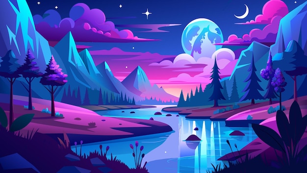 Vector hermosos diseños de ilustraciones de paisajes nocturnos con un río de montaña y luna con cielo