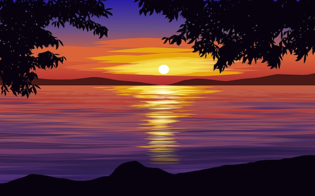 Vector ilustración de paisaje de vector de puesta de sol de lago