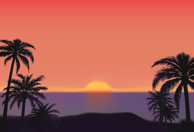 Vector ilustración vectorial de atardecer con palmeras y el océano