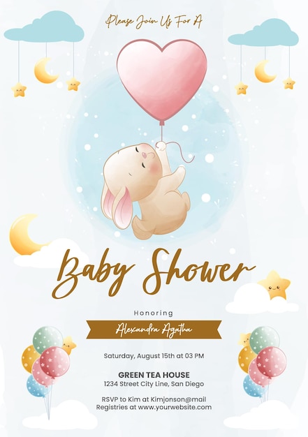 Vector invitación de baby shower flying bunny con globo en forma de corazón en estilo acuarela