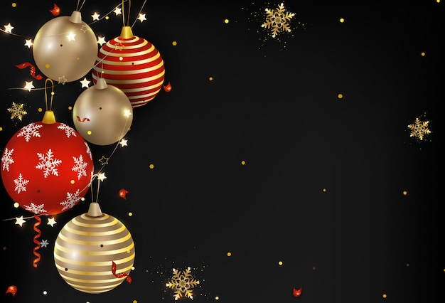 Vector oscuras bolas de navidad, luces, confeti, copos de nieve. año nuevo 2020.