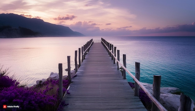 Vector una pasarela de madera que conduce al mar hermosa puesta de sol pastel en tonos de púrpura foto